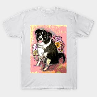 Border Collie with flower boquet.  Mixed Media. T-Shirt